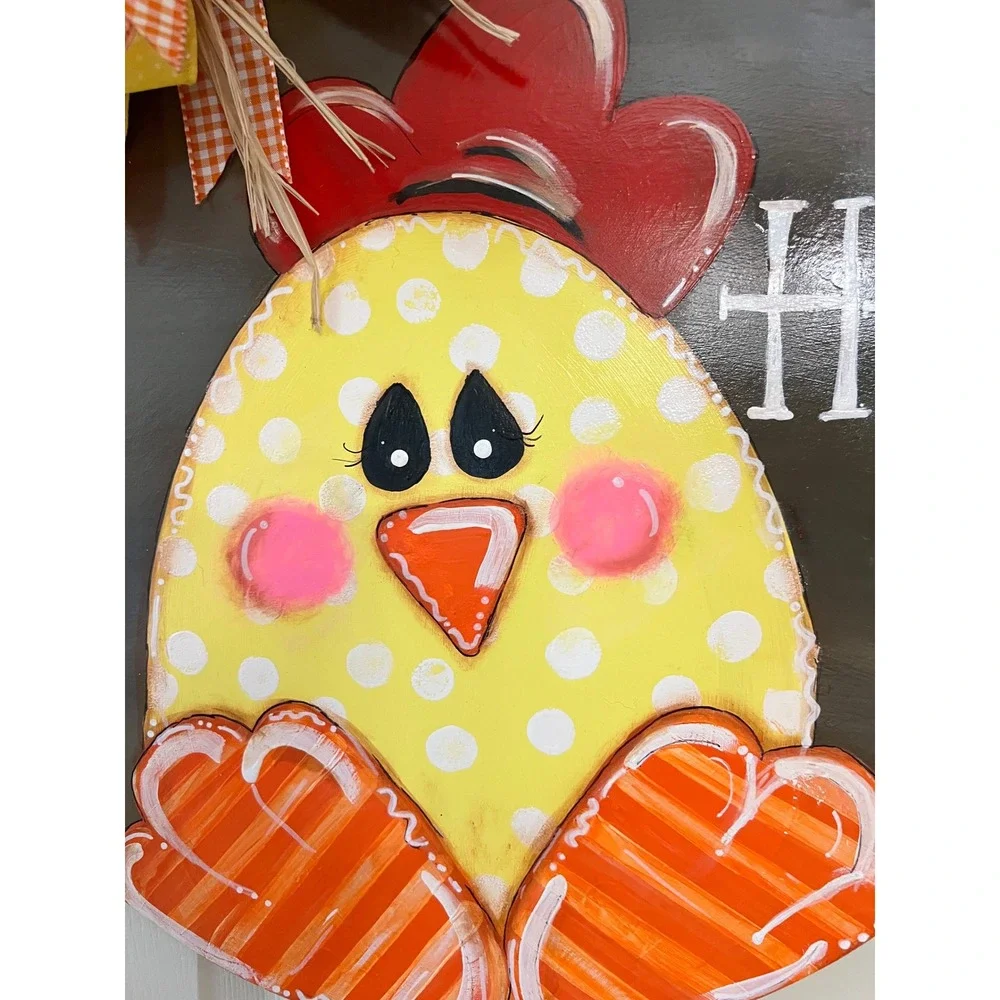 Hand Painted Wooden Chicken Hello Door Hanger Farmhouse Decor Yellow Orange Bow